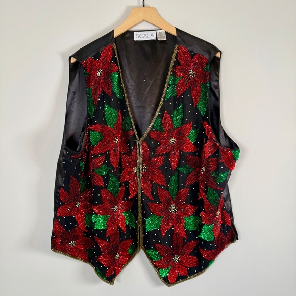 Scala Vintage 100% Silk Sequin Beaded Poinsettia Holiday Christmas Vest 3X - Picture 1 of 6